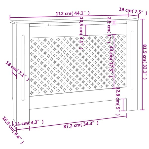 vidaXL Lämpöpatterin suoja MDF 112x19x81,5 cm valkoinen
