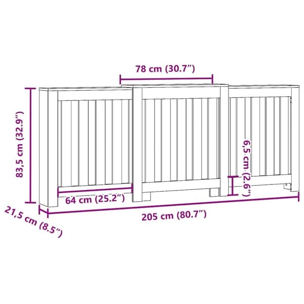 vidaXL Lämpöpatterin suoja harmaa Sonoma 205x21,5x83,5 cm tekninen puu