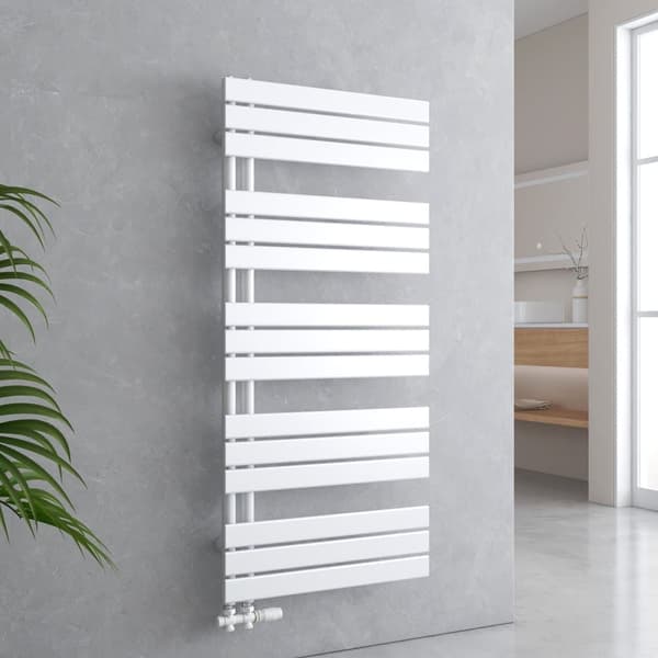 EMKE Håndklædetørrer 132x60cm - Varmt vand, sidetilslutning, flad, hvid (798W)