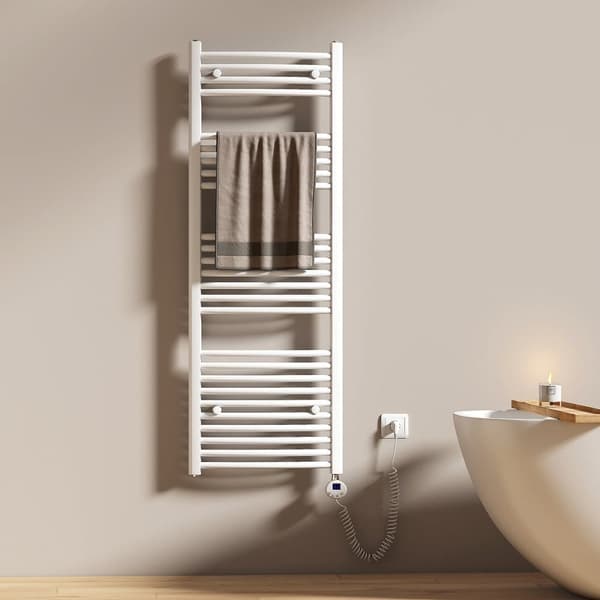 EMKE Elektrisk Handdukstork 140x50cm - Termostat, Böjdd, Vit, 600W