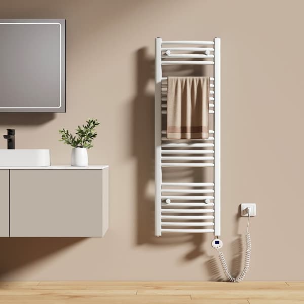EMKE Elektrisk Handdukstork 120x40cm - Termostat, Böjdd, Vit, 500W
