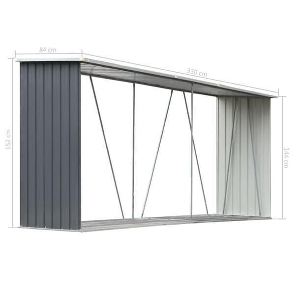 vidaXL brændeskur til haven galvaniseret stål 330x84x152 cm grå