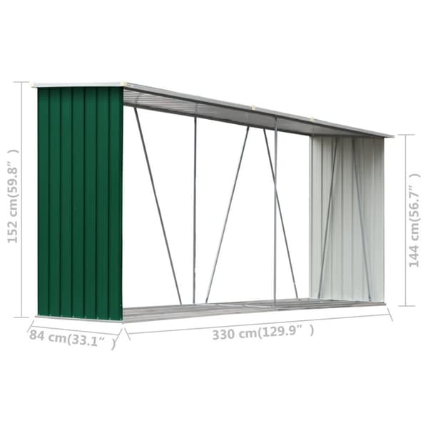 vidaXL Vedskjul galvanisert stål 330x84x152 cm grønn