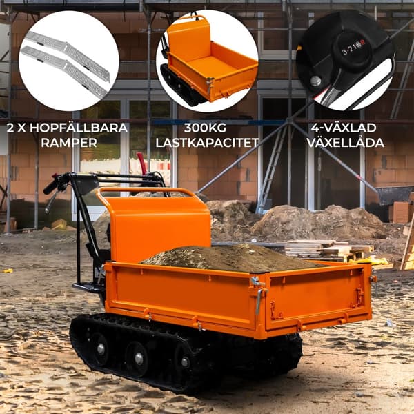 Sporslæde Mini Dumper Benzin-drevet Transportør 300kg 196cc 6.5HK 4 Gear Terrængående CE-certificeret 2 GRATIS Ramper Havearbejde og Terrænkørsel