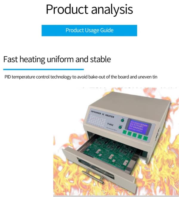 Infrapuna Reflow-uuni, 1500W Teho, 280°C Lähtölämpötila, Kompakti Muotoilu