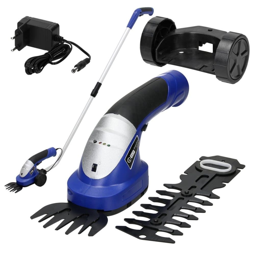 ECD Germany Batteri Grässaxar Busksaxar 2in1 höjdjusterbart teleskophandtag 90 cm, hjul och handtag - 3,6V LI-jonbatteri och laddare - Häckaxar