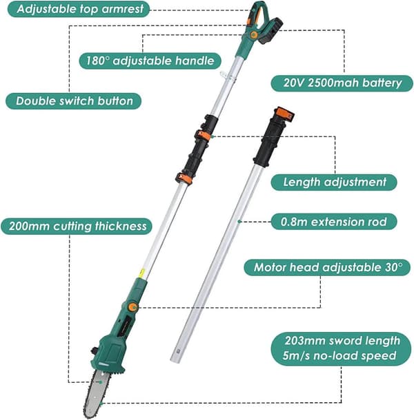 Trådløs Teleskopisk Stang Lopper, 20V Li-ion Batteri, 5m Rækkevidde