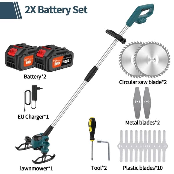 Græstrimmer, Trådløs Design, Justerbart Håndtag,EU, Blå 2 stk Batterier