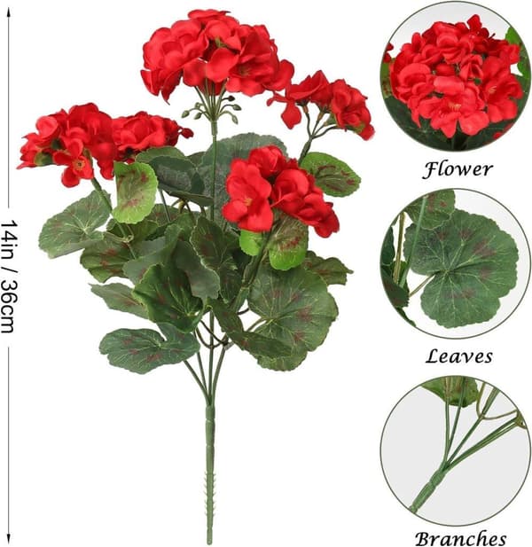 Lollanda Set med fyra konstgjorda blommor för utomhus- och inomhusbruk, blomdekoration, pelargon, UV-resistent för trädgård