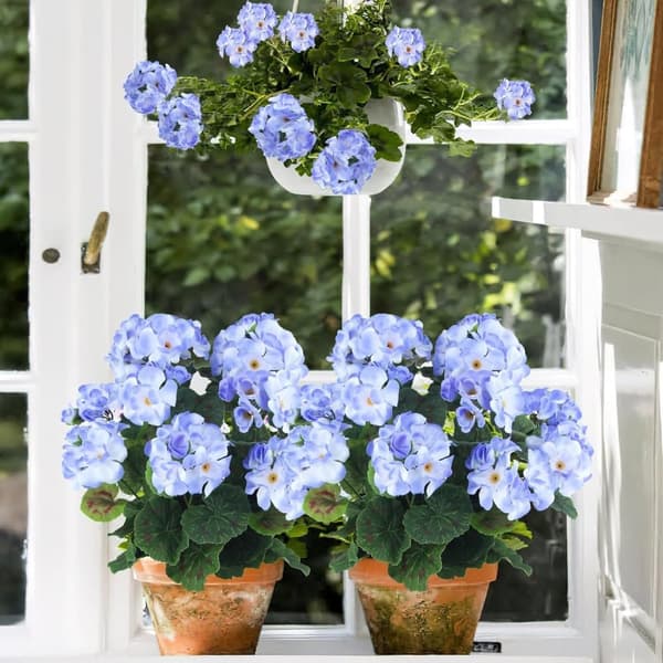 Lollanda Set med fyra konstgjorda blommor för utomhus- och inomhusbruk, blomdekoration, pelargon, UV-resistent för trädgård