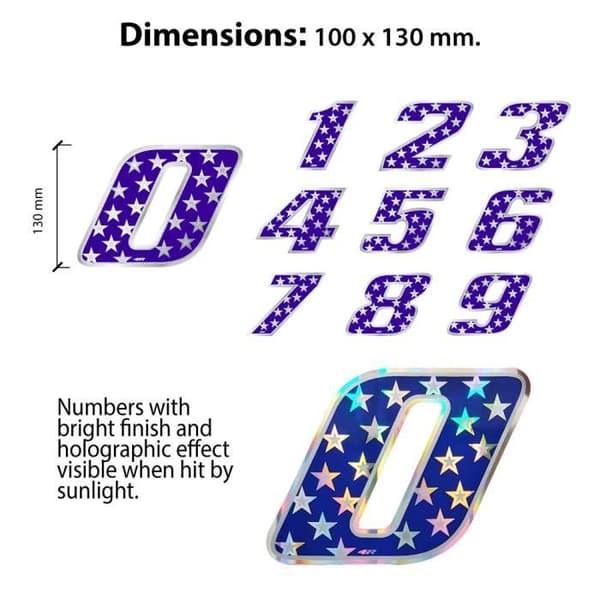 Klistermärke nummer 0 självhäftande nummer motorcykel, blå holografisk med stjärnor, 100 x 130 mm