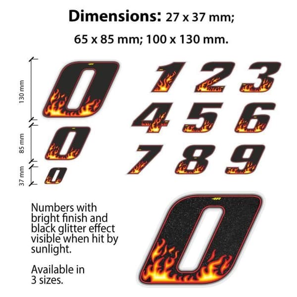 Sticker Number 3 Adhesive Number Motorcykel, Flames, 100 x 130 mm