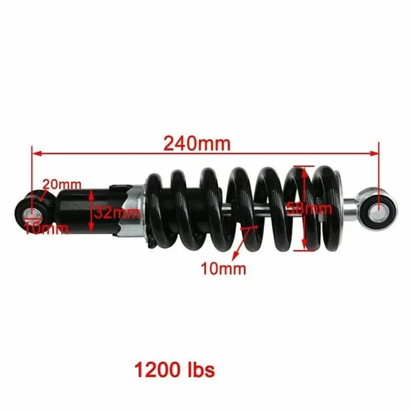 Bakre stötdämpare, 240 mm längd, 1200 lbs lastkapacitet, off-road kompatibilitet