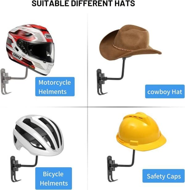 Motorcykelhjälmhållare, 180° rotation Väggmonterad hjälmhållare Display med dubbel hängkrok för förvaringsutställning