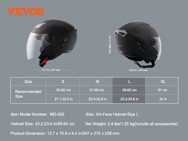 3/4-ansiktsmotorcykelhjälm, lätt konstruktion, E-märkt säkerhet,L