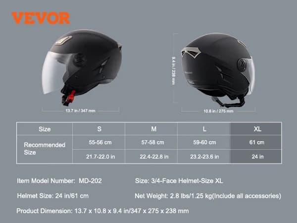 3/4-ansiktsmotorcykelhjälm, lätt konstruktion, E-märkt säkerhet,XL