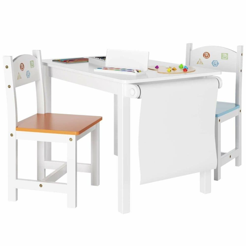 Hög stol och bordsset - 2 stolar i trä och högt bord - Höga stolar - Barnbord - Lekbord