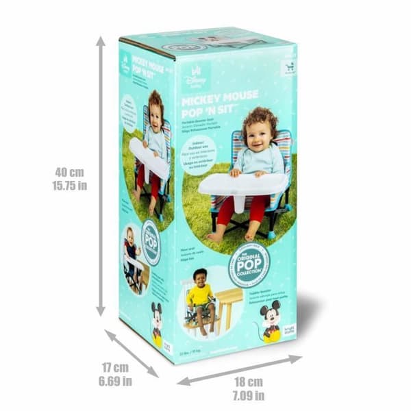 DISNEY BABY Mickey Mouse Boosterstol, Pop 'n Sit Booster, Inomhus, Utomhus, Praktisk och kompakt, Snabbfällbar, Blå