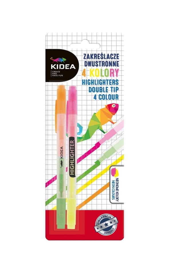 Dobbeltsidede highlightere 2 stk - 4 farver Kidea