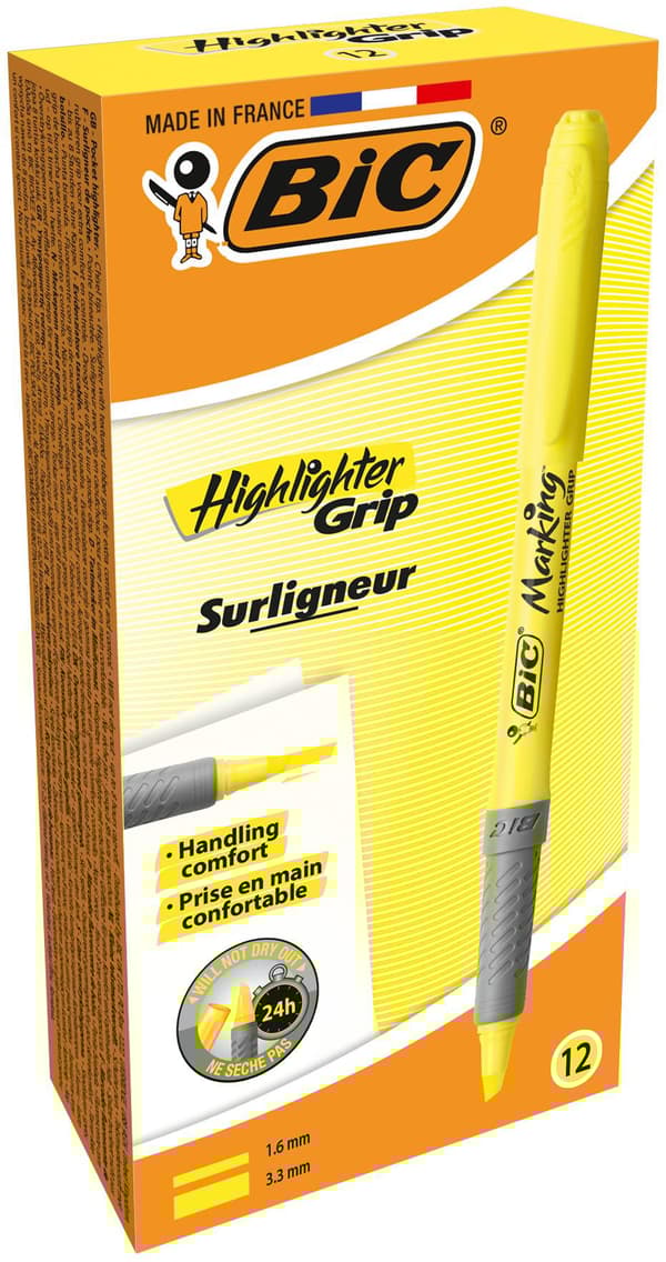 Överstrykningspenna BIC Grip Gul 12st