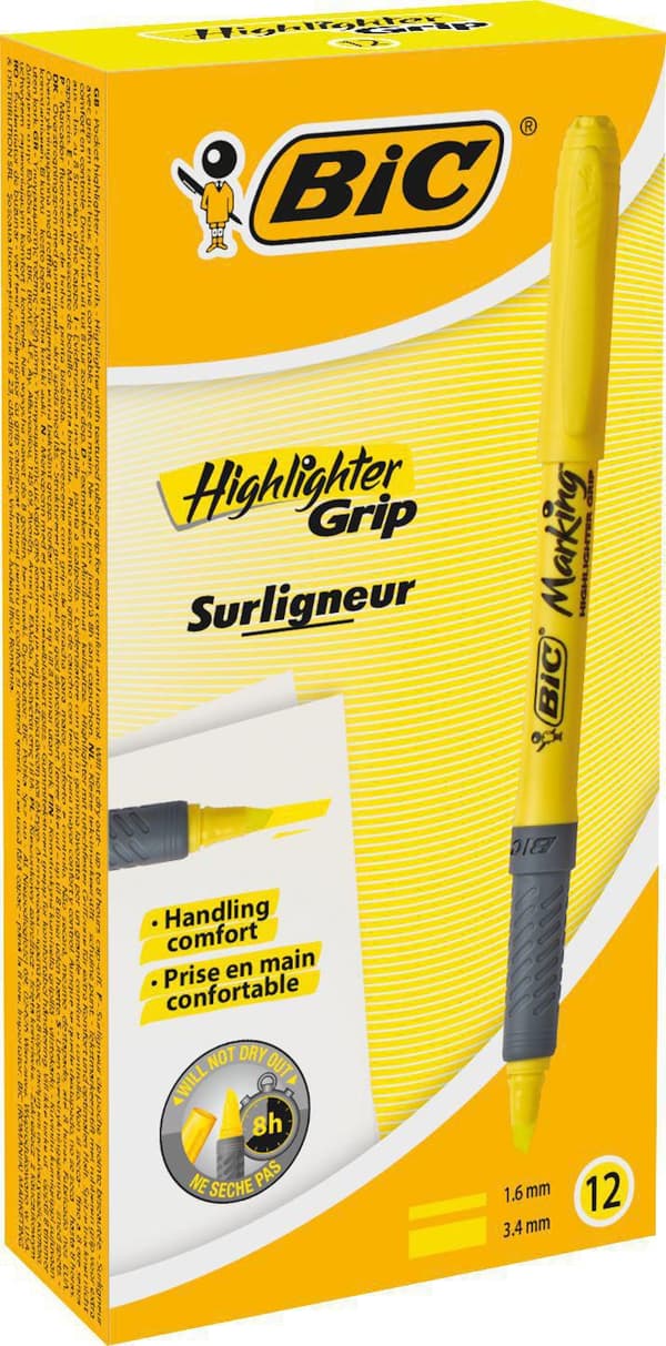Överstrykningspenna BIC Grip Gul 12st