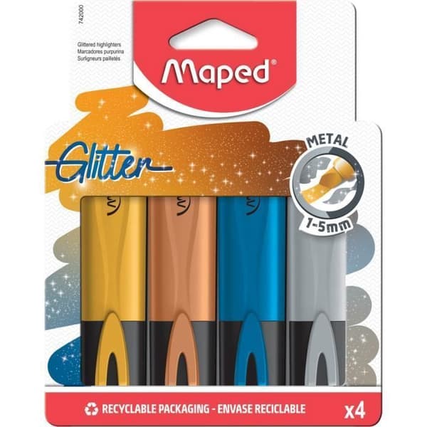 Maped - 4 Fluo'Peps GLITTER METAL Highlighters - Glitter Highlighters - Metallic Färg Guld, Koppar, Silver, Blå
