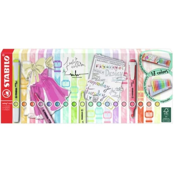 Surlinjer - STABILO - Pack med 18 swing cool - Fluorescerande bläck - Sned spets - Antitorkande
