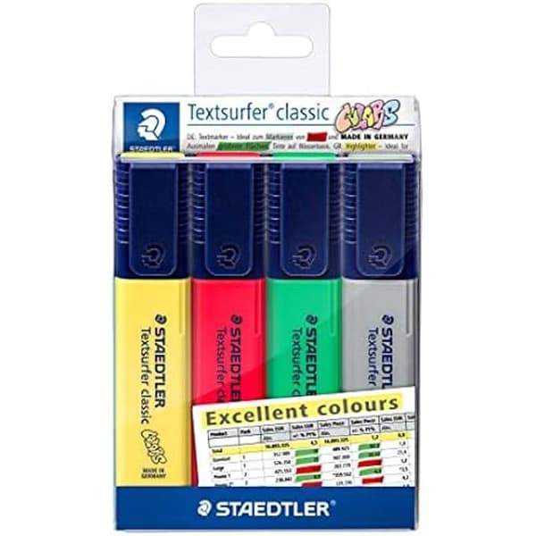 Highlighters - STAEDTLER - Textsurfer Classic - 1-4 mm mejselspets - Plastfodral - 4 Excel-färger