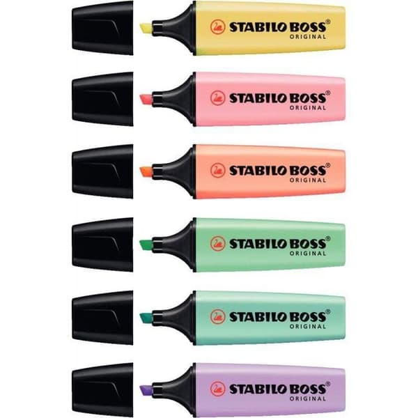 Surligare - STABILO - BOSS ORIGINAL - 6 pastellfärger - Ljusbeständig bläck - Sned spets