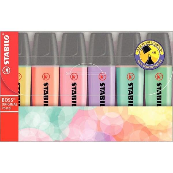 Surligare - STABILO - BOSS ORIGINAL - 6 pastellfärger - Ljusbeständig bläck - Sned spets