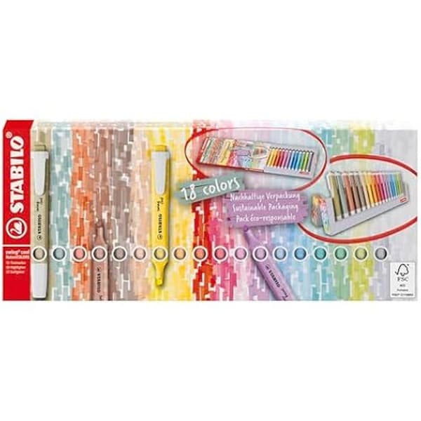 Surlignerare - STABILO - swing cool - Ställfodral x 18 - 12 Pastell + 6 NaturFÄRGER - Multi-användning