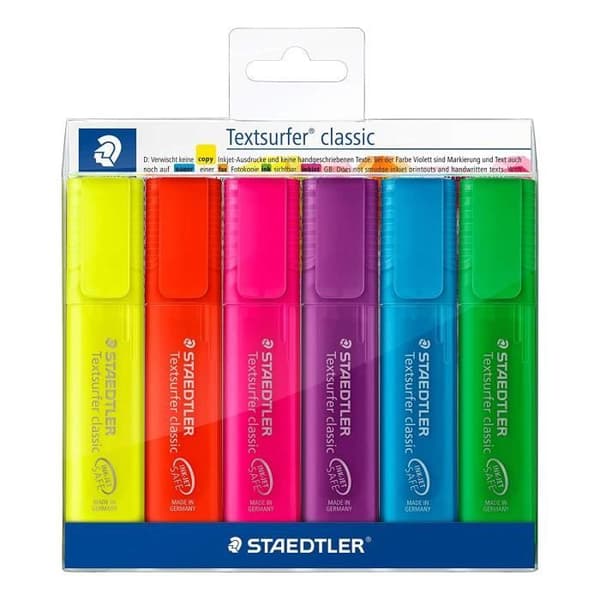 Staedtler Textsurfer Classic, högkvalitativ UV-beständig fluorescerande och genomskinliga överstrykningspennor, stämjärnsspets från 1 till