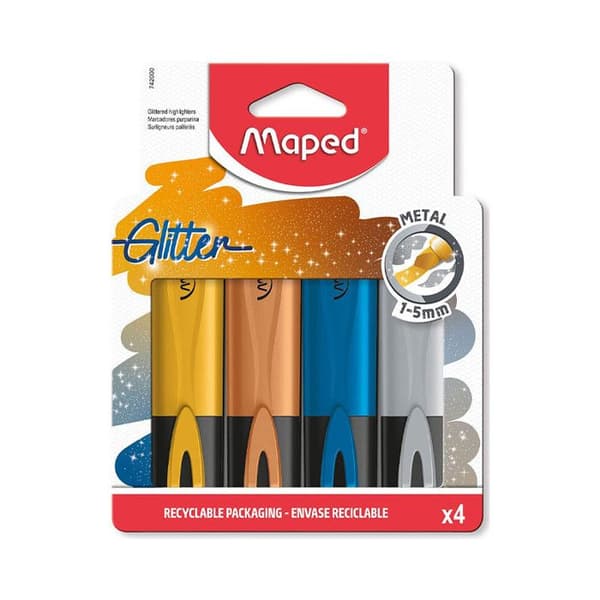 Maped - 4 Fluo'Peps GLITTER METAL Highlighters - Glitter Highlighters - Metallic Färg Guld, Koppar, Silver, Blå