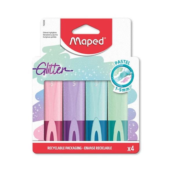 Surlinjare - Maped - FLUO PEPS Glitter Pastell - Förpackning med 4 - Biseaud spets - Glittrande bläck