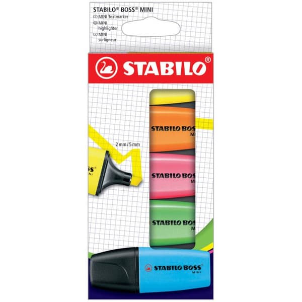 Kartongförpackning med 5 STABILO BOSS MINI markeringspennor - fluorescerande sortiment