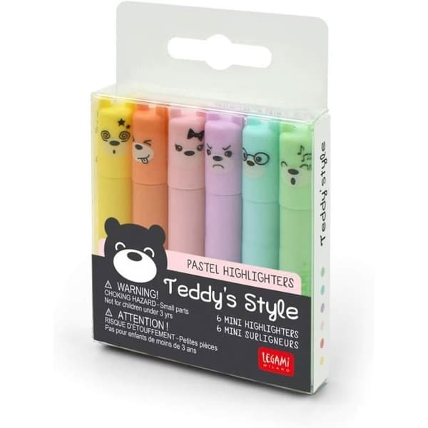 Legami Teddy's Style Mini Highlighter Set om 6 - gul, persika, rosa, lila, ljusblå, ljusgrön - för att markera och understryka