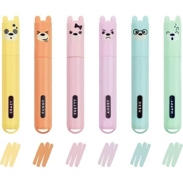 Legami Teddy's Style Mini Highlighter Set om 6 - gul, persika, rosa, lila, ljusblå, ljusgrön - för att markera och understryka