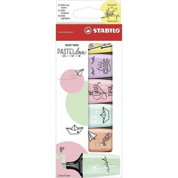 Stabilo BOSS MINI Pastellove Highlighter mintgrön, antikrosa, banangul, persikorosa, mellanblå, Glycin 2-5 mm 6-pack