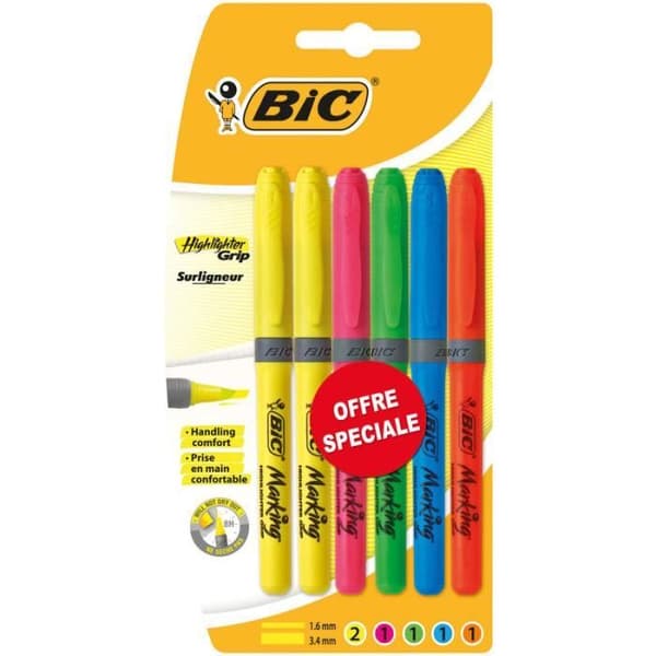 BIC® - Set med 6 Brite Liner Highlighters - Plast - Gul, rosa, grön, blå och orange
