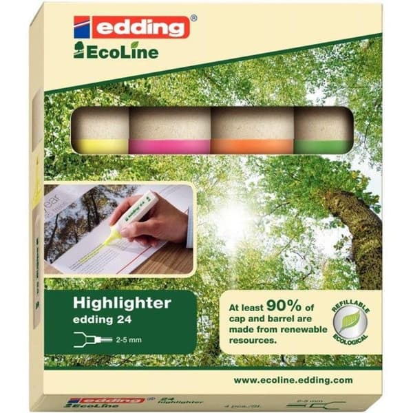 edding EcoLine 24 highlighter gul, orange, rosa, ljusgrön vattenbaserad bläck 2-5 mm förpackning om 4