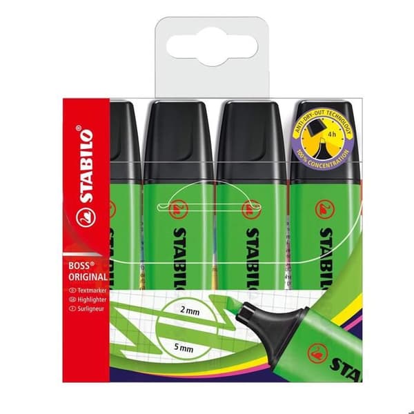 Highlighter - STABILO BOSS ORIGINAL - Paket med 4 - Grön