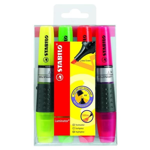 STABILO LUMINATOR - Påse med 4 highlighters - gul + grön + orange + rosa