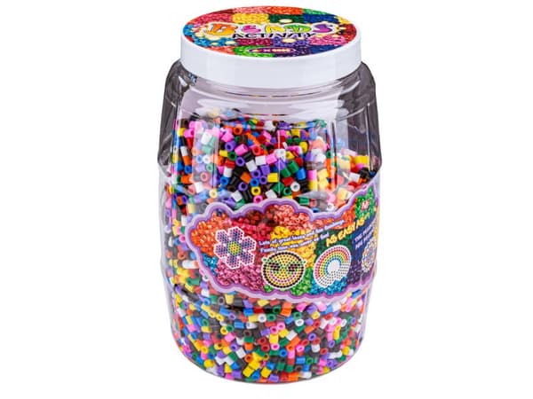 Strygehåndklæde, strygeperler, sæt med 9000 elementer i en flaske, krukke + 3 puder, skabeloner til BAMSE, DUKKE, LILLA