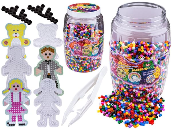 Strygehåndklæde, strygeperler, sæt med 9000 elementer i en flaske, krukke + 3 puder, skabeloner til BAMSE, DUKKE, LILLA