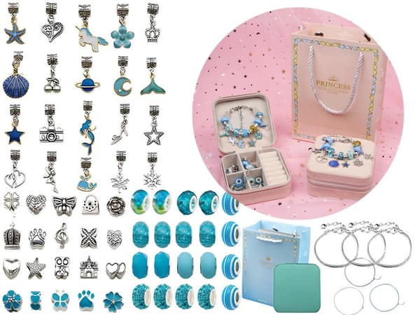 Set för att göra smycken, armband, berlocker, hängen, pärlor SHADES OF BLUE + Fodral