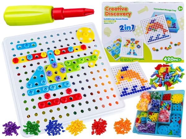 Kreativ mosaik, puslespil, 2i1 blokke, skruetrækker, skruer, knapper 420 stk.