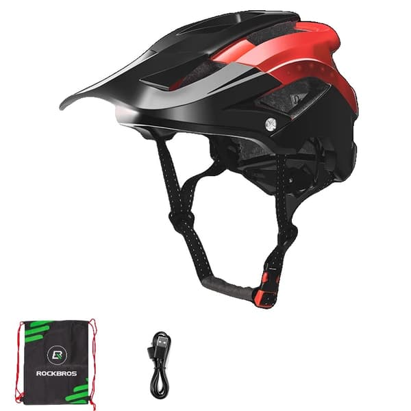 ROCKBROS Cykelhjälm, USB-uppladdningsbart Varningsljus, Vattentålig och Stötsäker,YXE009-Röd, Passar 57-62 cm