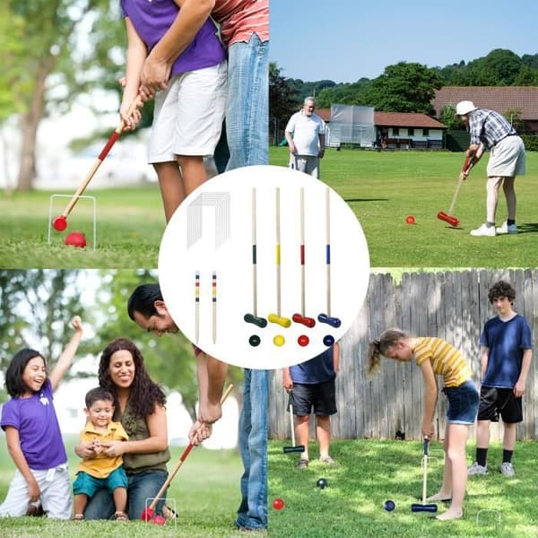 Croquet-set - LZQ - 4 spelare - Träklubbor - Färgade bollar - Lätt att installera