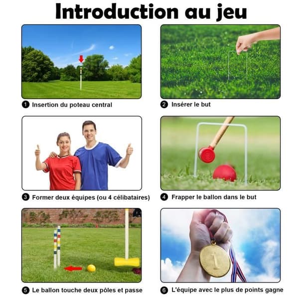Croquet-set - LZQ - 4 spelare - Träklubbor - Färgade bollar - Lätt att installera
