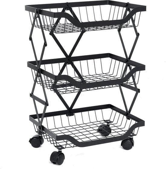 Baban Kitchen Trolleys - Köksvagn - vagn med hjul - 3 nivåer - multifunktionellt förvaringsställ - frukt- och grönsaksställ - metall - svart